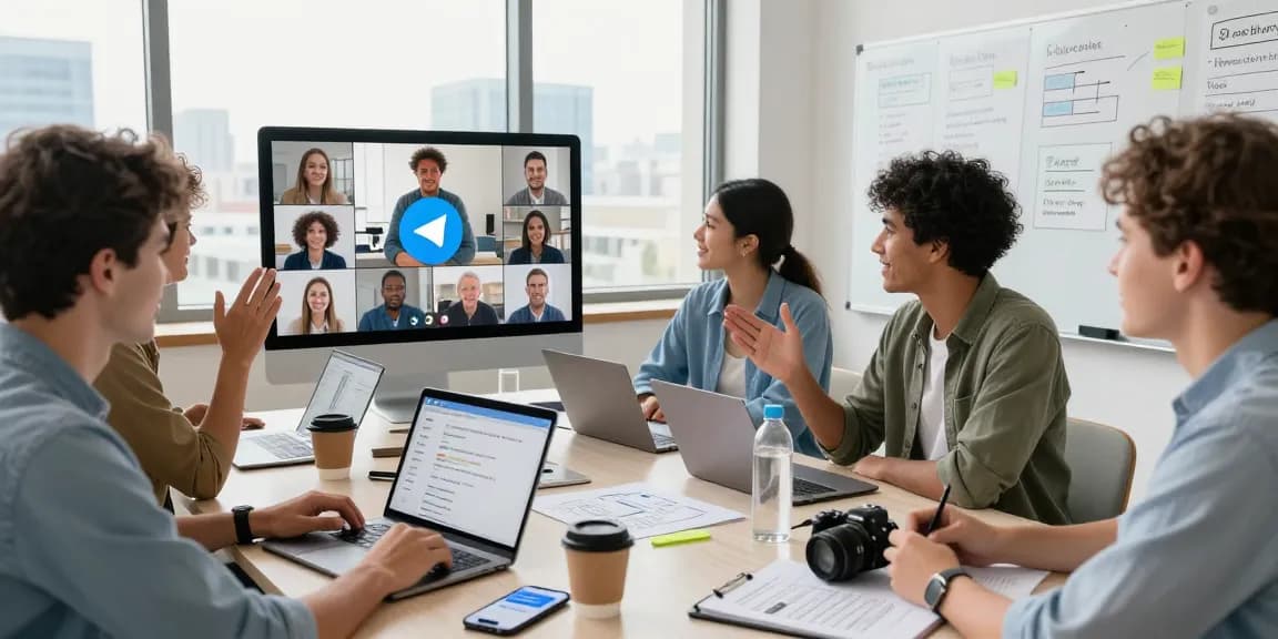 Engaging team collaborating on Telegram Download features in a bright workspace.