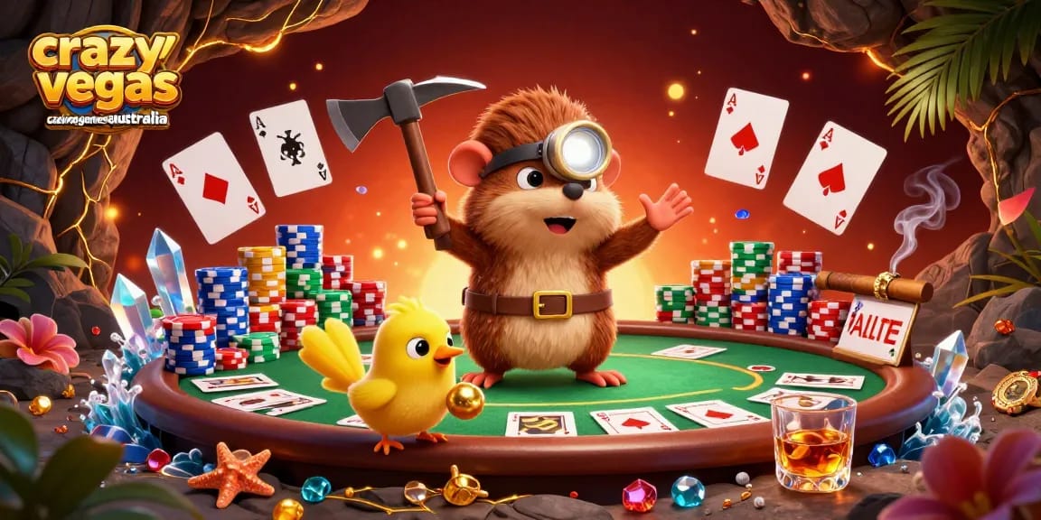 Spin the reels at crazyvegas casino games australia with a vibrant poker scene featuring a treasure hunter mole.
