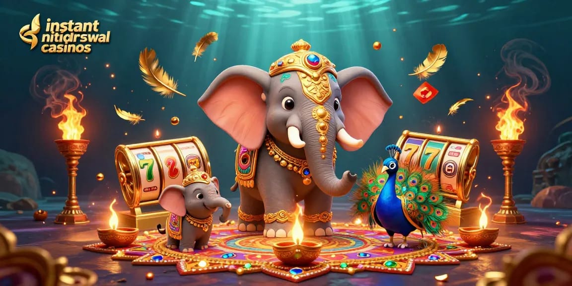 Experience instant withdrawal casinos with a vibrant 3D casino scene featuring a Diwali-themed elephant and slot reels.