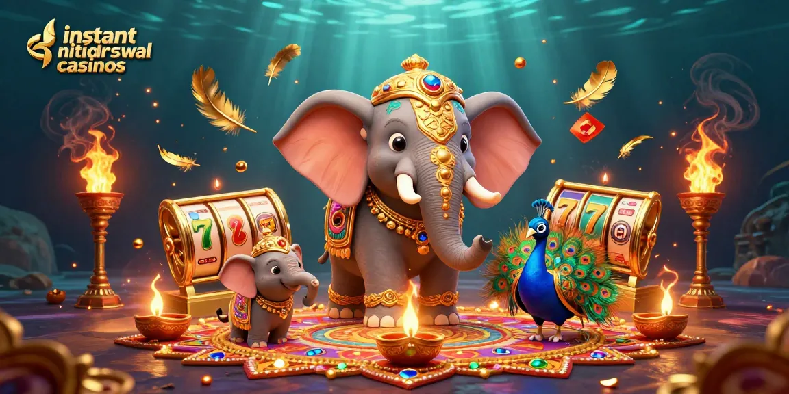 Experience instant withdrawal casinos with a vibrant 3D casino scene featuring a Diwali-themed elephant and slot reels.