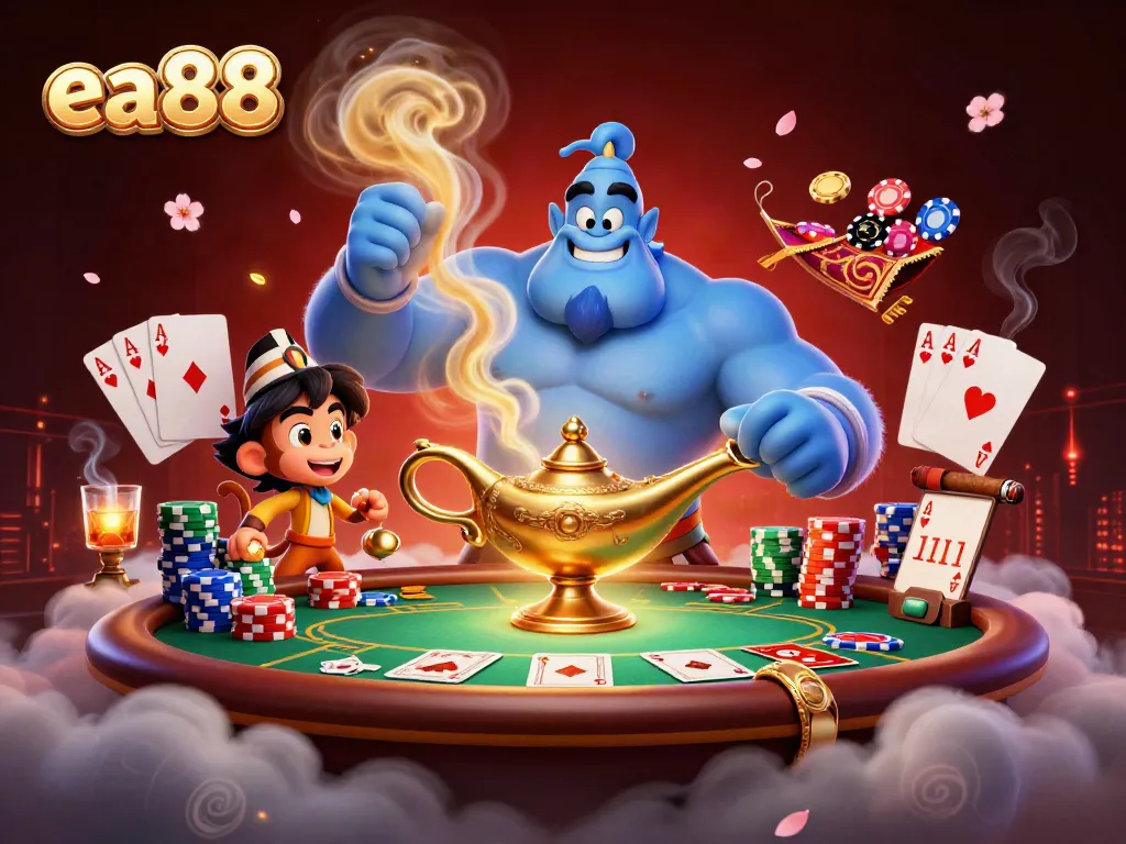 Engage in thrilling ea88 poker action with a genie, monkey, and flying chips.