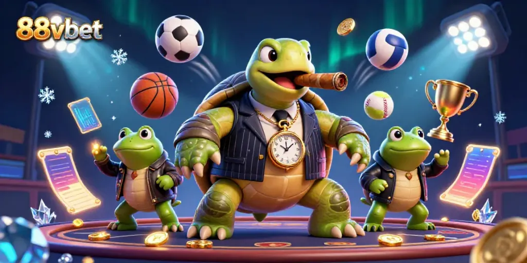 Dynamic casino scene with 88vbet featuring a mobster turtle and bullfrog enforcers amongst sports betting elements.