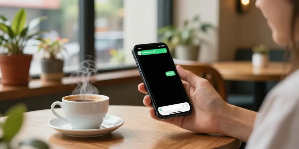 Aero WhatsApp APK showcased on smartphone in a cozy café setting, highlighting vibrant chat themes and user engagement.