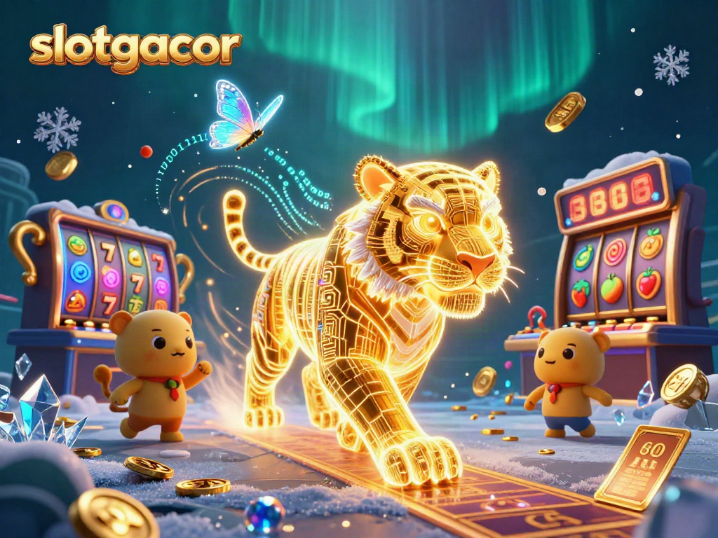 Win big with slotgacor as a golden tiger explores a vibrant digital casino landscape.