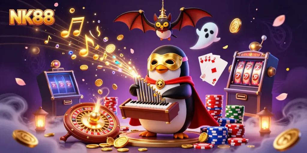 Experience NK88's excitement with golden coins and vibrant casino elements in this lively scene.