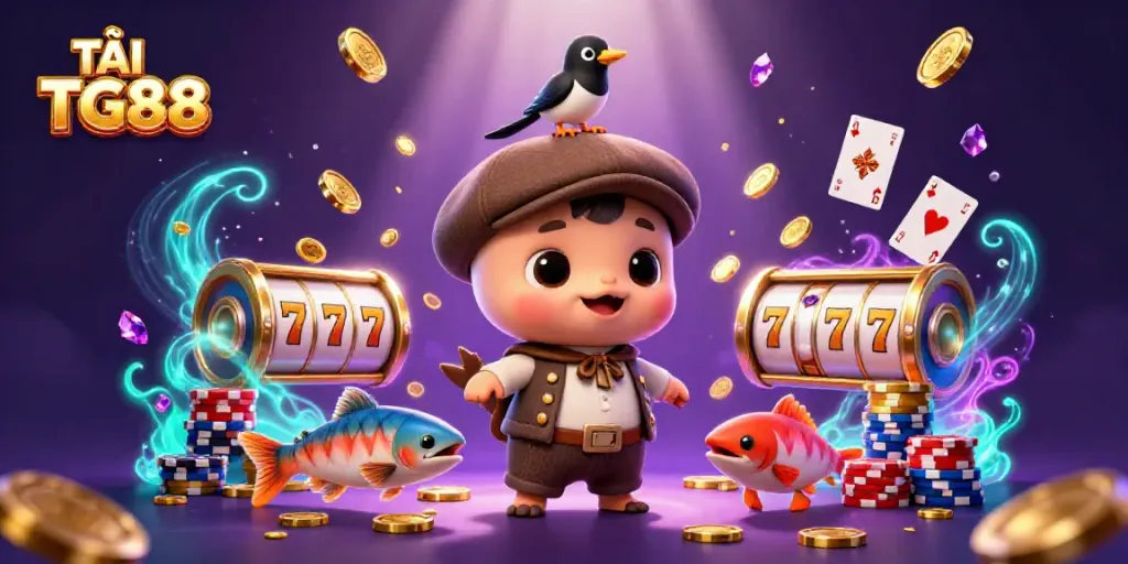 TẢI TG88 to play adventurous slots with charming characters in exciting casino scene.
