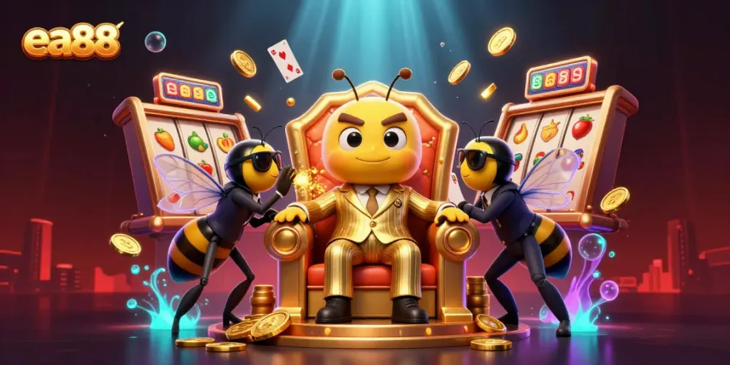 Experience the thrill of ea88 with a lively 3D casino scene featuring vibrant slot reels and a unique bumblebee mob boss.