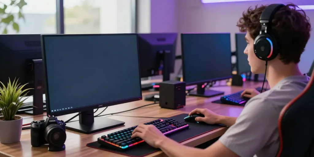 Player enjoying a KU88 gaming experience at a modern desk with vibrant decor.