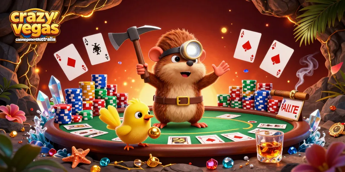 Spin the reels at crazyvegas casino games australia with a vibrant poker scene featuring a treasure hunter mole.